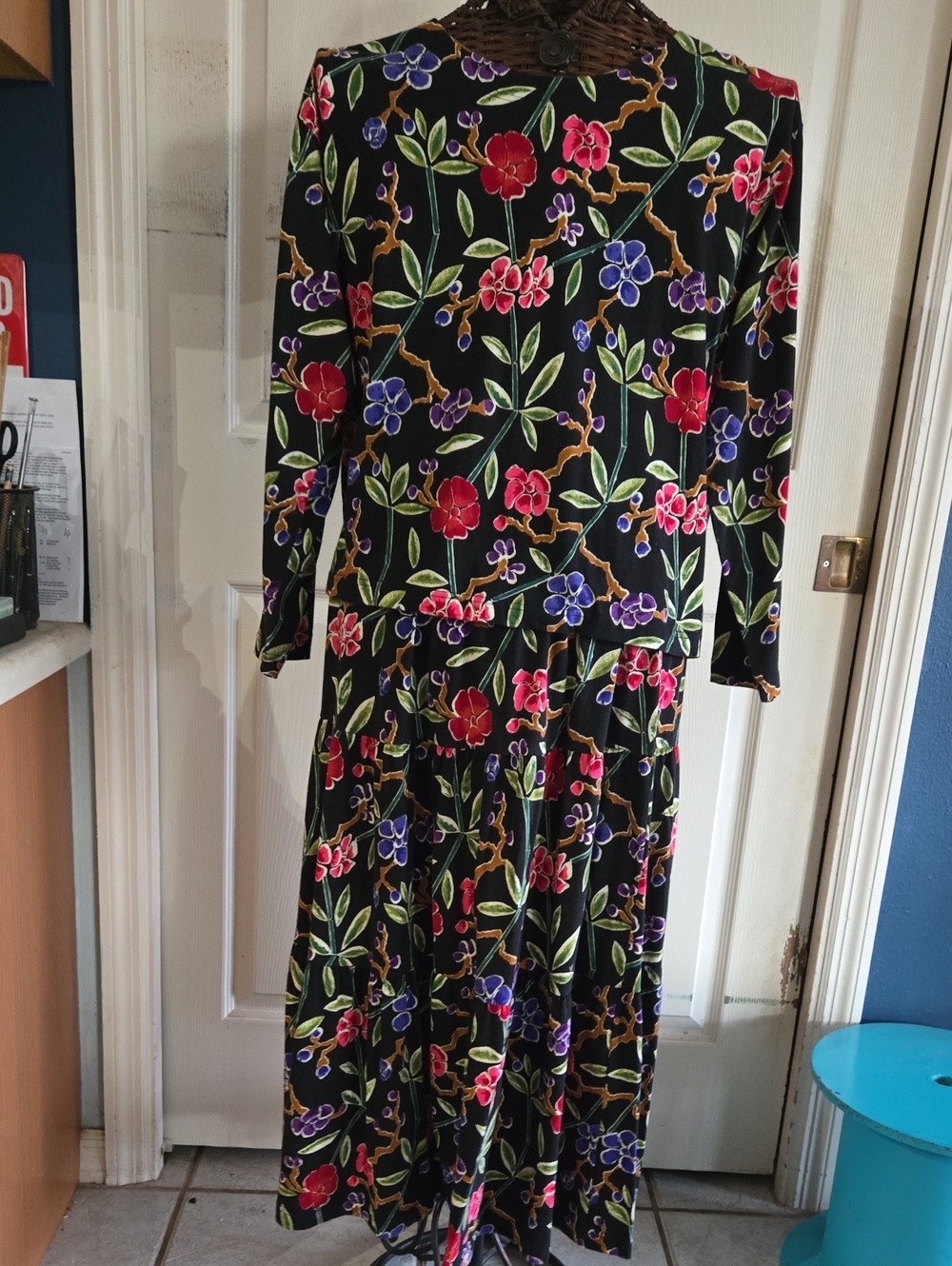 Carole Little Black Floral Maxi 2 PC. Skirt Set Pink & Purple Blooms